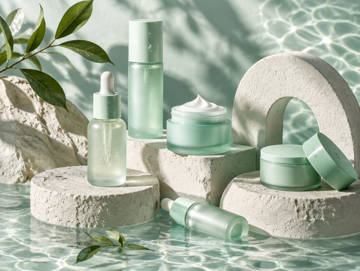 Mint-green skincare jars and serum bottles on stone blocks in clear, rippling water